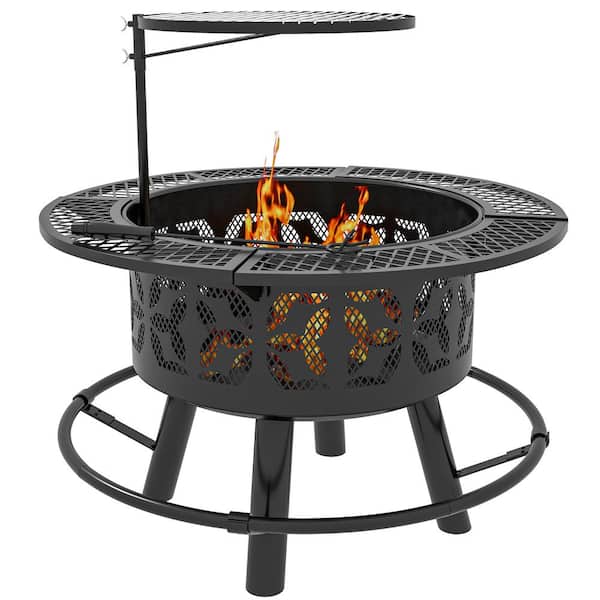 Unbranded 2-in-1 Fire Pit, BBQ Grill, 33 in. Portable Wood Burning Firepit with Adjustable Cooking Grate, Pan and Poker