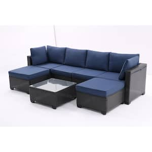 Dark Coffee 7-Piece Metal Outdoor Patio Conversation Set with Dark Blue Cushions, Ottomans and Glass Top Table