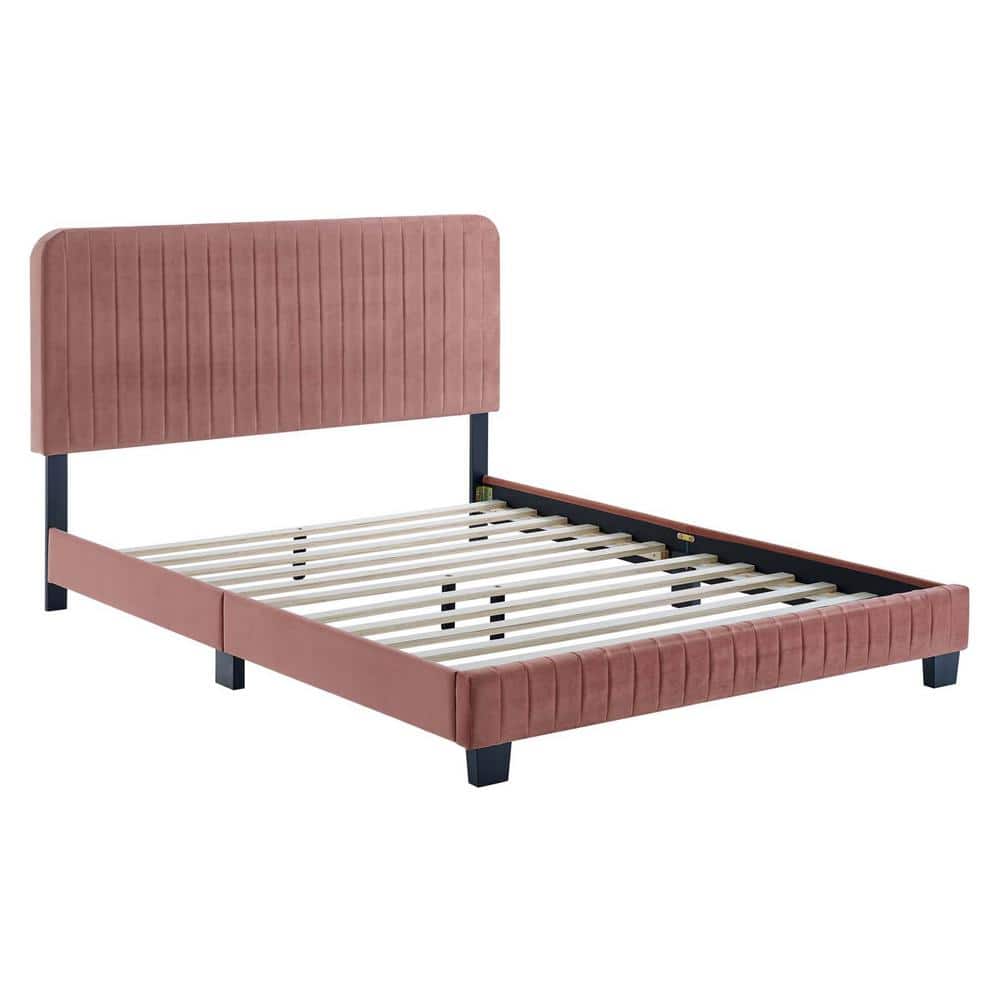 Dusty Rose Velvet Upholstered Queen Platform Bed with Tufted Headboard