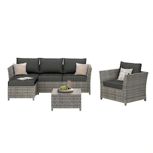 Bella Gray 6-Piece Wicker Outdoor Sectional Set with Black Cushions