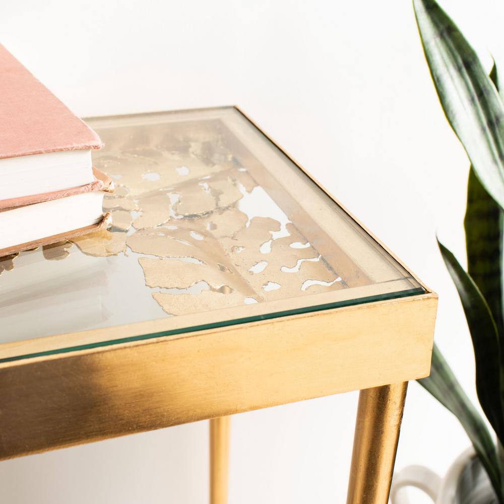 Ethereal Gold Leaf Palm Leaf Rectangular Glass Console Table