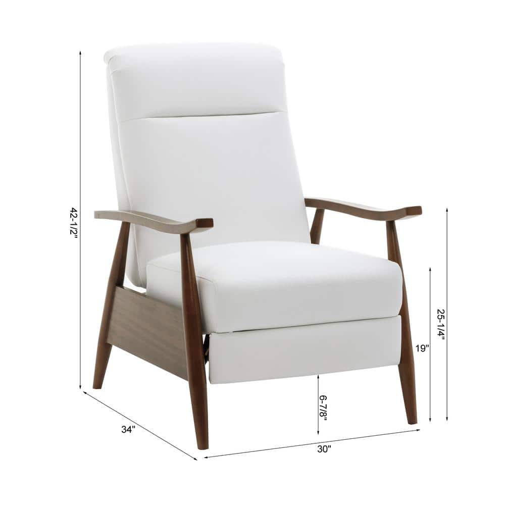 Milky White Leather and Wood Mid-Century Modern Recliner