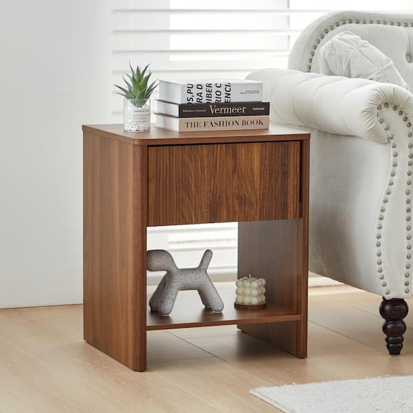 ATHMILE Walnut Wooden Fluted 1-Drawer Nightstand /End Table (17.71 in. W x 15.74 in. D x 21.65 in. H)