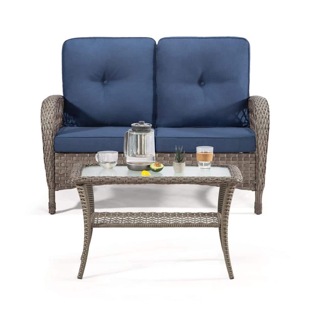 2-Pieces Wicker Patio Conversation Seating Set, 1-Love Seat and 1-Coffee Ta