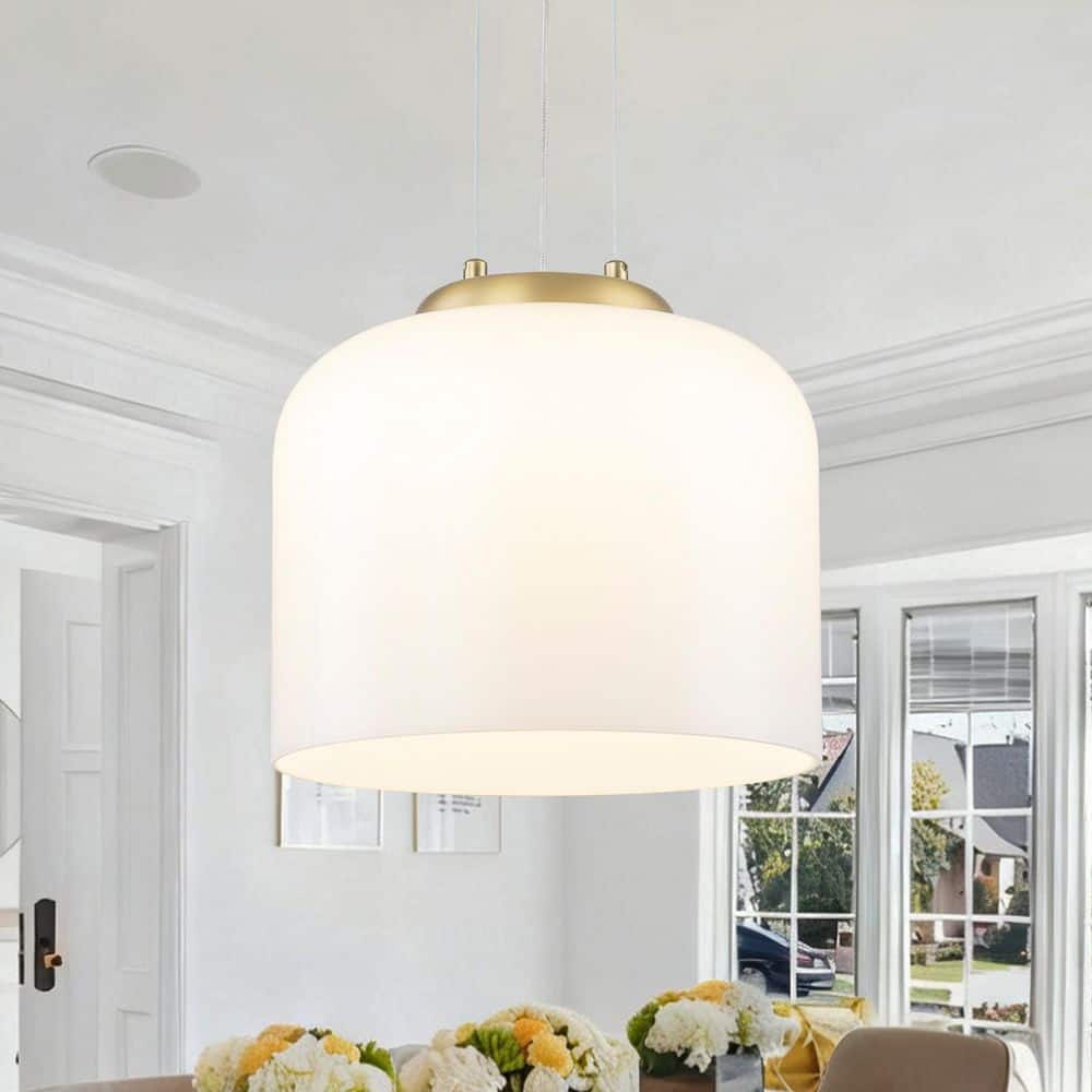 10.63 in. 1-Light Brushed Gold Dimmable LED Pendant Light with Drum White Shade price history on PriceWatchPro