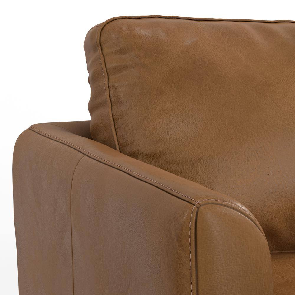 Caramel Brown Genuine Leather Mid-Century Modern Sofa with Removable Cushions