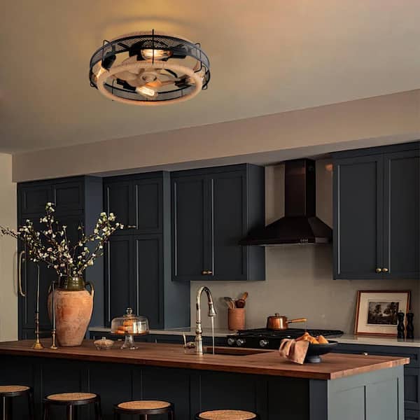 Fan Blade 14.96 in. 19.7 in. Indoor Black Bohemian Hemp Rope Ceiling Fan Light, Bulb Not Included, with Remote Control