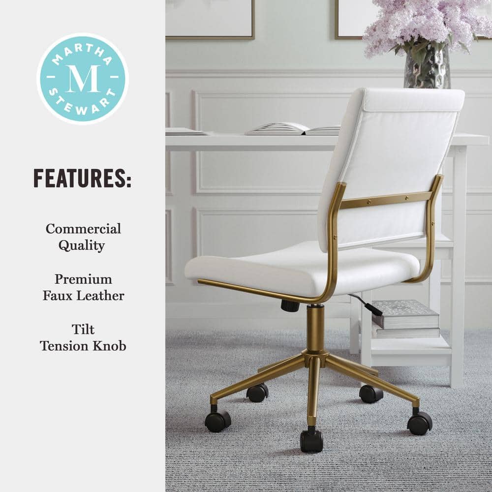 White Faux Leather Armless Swivel Office Chair with Brass Frame