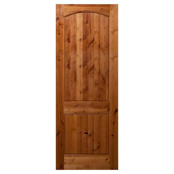 Builders Choice 24 in. x 96 in. 2 Panel Arch Top Raised Panel V-Groove Solid Core Unfinished Knotty Alder Wood Interior Door Slab