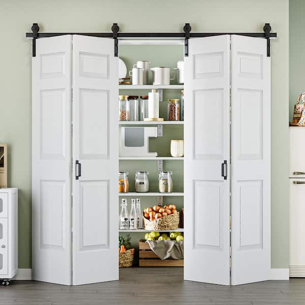 80 in. x 84 in. Paneled 6-Lite White Primed MDF Composite Bi-fold Sliding Barn Door with Hardware Kit and Handle
