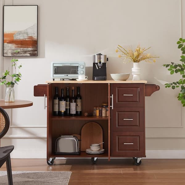 Tenleaf Retro Brown Wood Kitchen Cart Kitchen Island with Drop Leaf, 3 Drawer