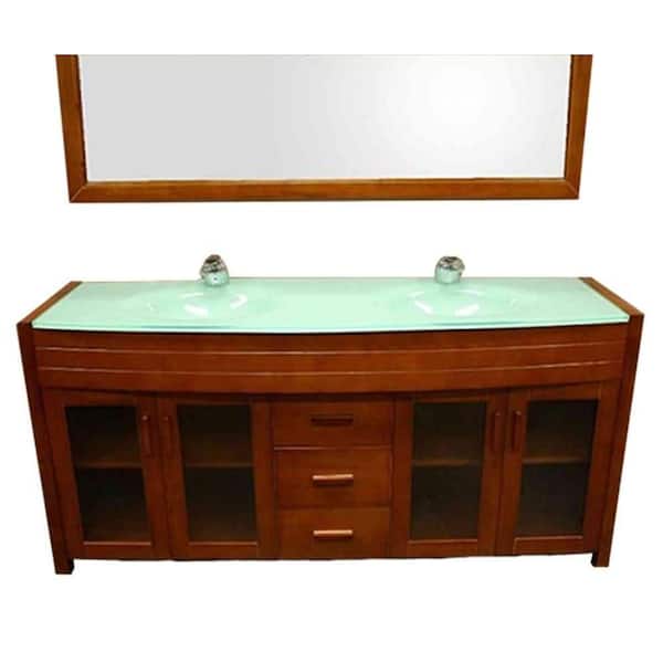 Design Element Waterfall 72 in. Vanity in Honey Oak with Glass Vanity Top and Mirror in Mint