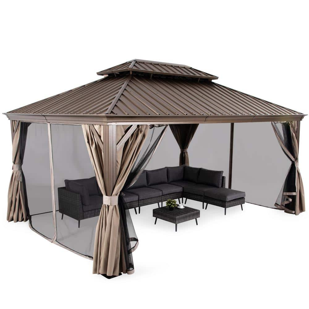 LAUSAINT HOME 10 ft. x 12 ft. Brown Hardtop Patio Gazebo with 2-Tier ...