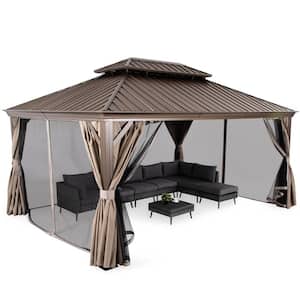 10 ft. x 12 ft. Brown Hardtop Patio Gazebo with 2-Tier Permanent Aluminum Hardtop with Mosquito Net and Privacy Curtain