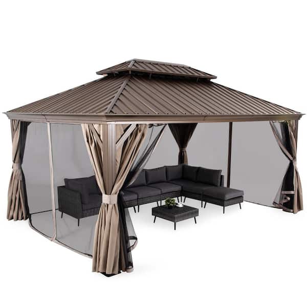 LAUSAINT HOME 10 ft. x 12 ft. Brown Hardtop Patio Gazebo with 2-Tier Permanent Aluminum Hardtop with Mosquito Net and Privacy Curtain
