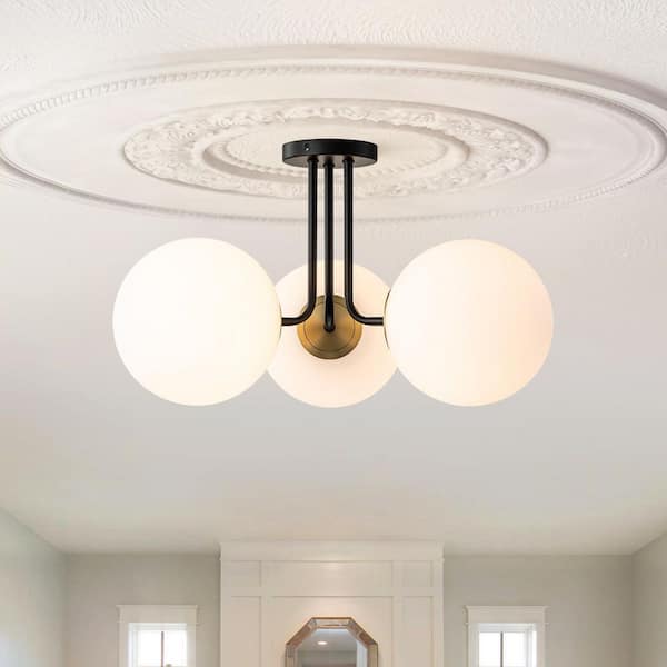 Lueck 22 in. 3-Light Black and Gold Sputnik Semi Flush Mount Ceiling Light with Globe Glass Shade
