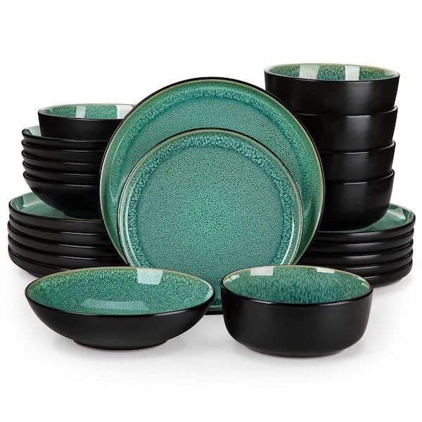 24-Piece Green and Black Stoneware Dinnerware Set Service for 6 Tableware Set Plates and Bowls Dinner Set