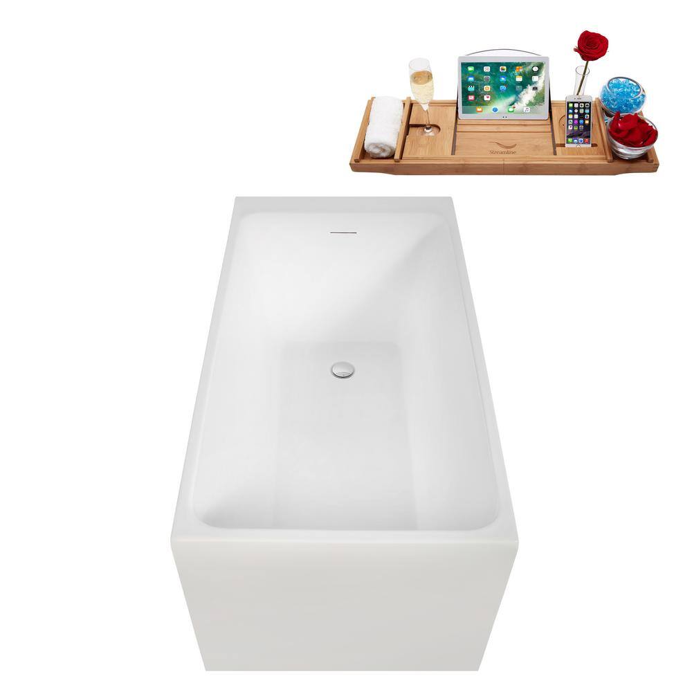 51" Glossy White Acrylic Freestanding Soaking Bathtub with Bamboo Tray