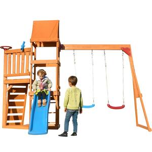 Outdoor Playhouse Wood Toddlers Swing Set Backyard Activity Playground Playset with Slide, Climbing wall, Sandbox