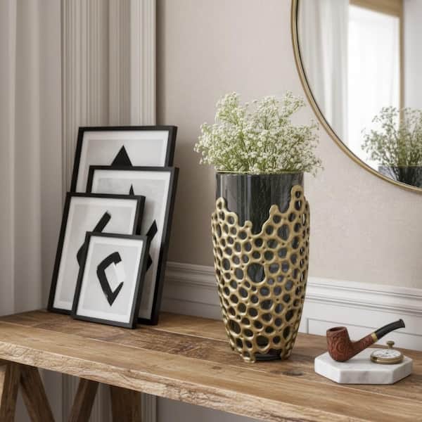 Brian 15 in. Gold and Black Glass and Metal Geometric Decorative Vase