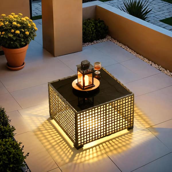 Hot Sale Gray Wicker Square Outdoor Patio Coffee Table with Power Solar Light for Deck, Backyard, Garden