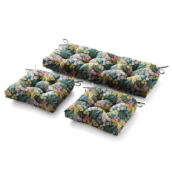 BLISSWALK 3 Piece Outdoor Loveseat Cushions Deep Seating 19 in. L x 44"W x 5"H For Patio Furniture Cushion With Tie, Green Floral