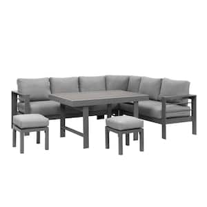 Outdoor Dining Set Grey of 6 Piece Aluminum Frame Rectangle Table 26.4 ft. H Outdoor Bistro Set with Dark Grey Cushions