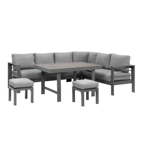 myhomore Outdoor Dining Set Grey of 6 Piece Aluminum Frame Rectangle Table 26.4 ft. H Outdoor Bistro Set with Dark Grey Cushions