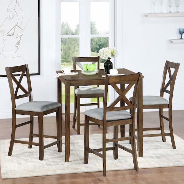 5-Piece Square Walnut Wood Top Dining Room Set Seats 4