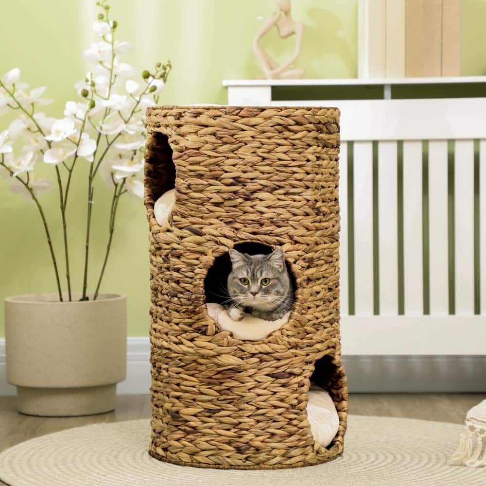 Natural Water Hyacinth Multi-Layer Elevated Cat Bed with Cushions