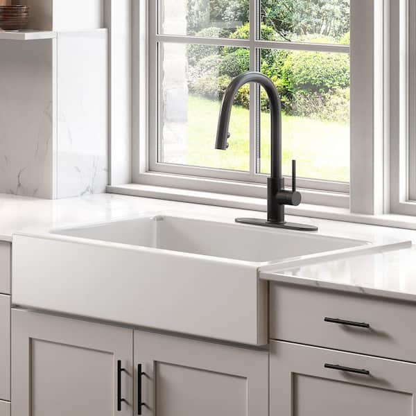 Parker 34 in. 3-Hole Quick-Fit Farmhouse/Apron-Front Drop-In Single Bowl Crisp White Fireclay Kitchen Sink and Drain