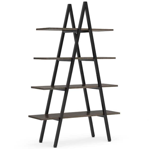 BYBLIGHT Eulas 65 in. Gray Wood 4-Shelf Ladder Bookcase, A-Shaped Bookcase Leaning Plant Stand Storage Rack
