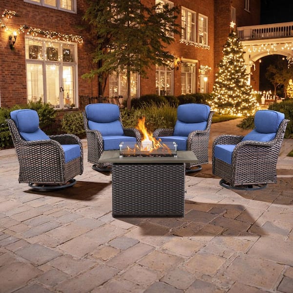 4 Seat 5-Piece Brown Wicker Outdoor Fire Pit Patio Set with Blue Cushions, Swivel Chairs and Square Fire Pit Table