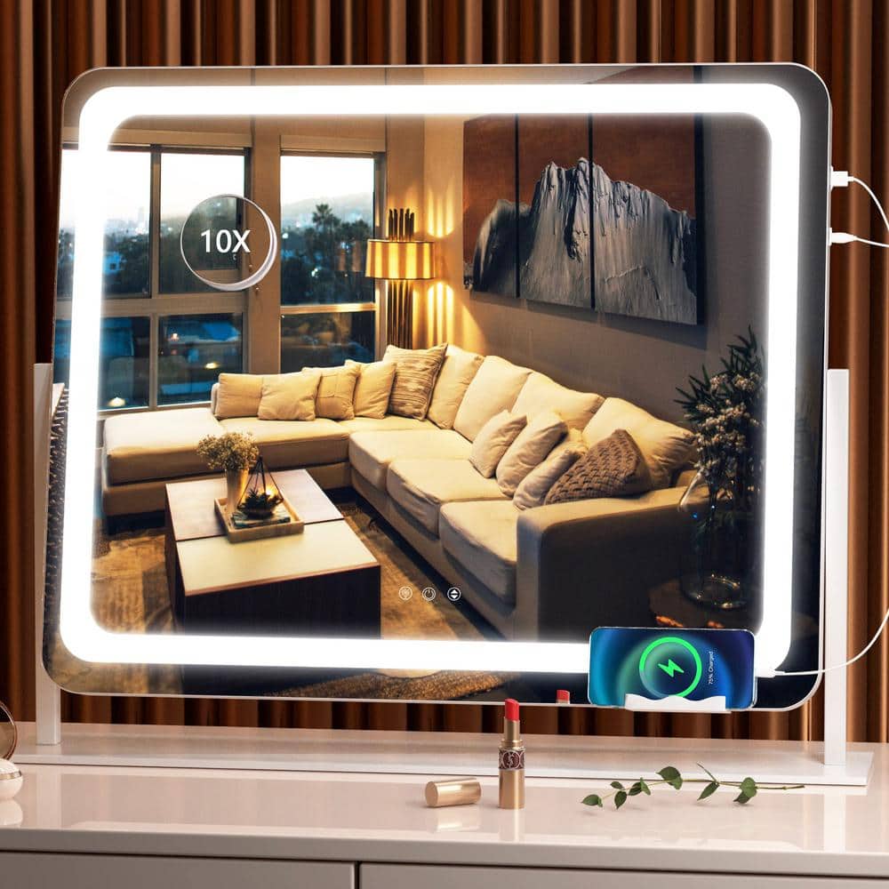 18.9 in. W x 24.2 in. H Rectangle White Frame LED Makeup Mirror, 10X Magnif