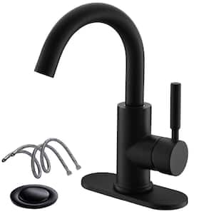4 in. Single-Handle High-Arc Stainless Steel Bathroom Faucet with Deck Plate and Supply Hoses in Matte Black