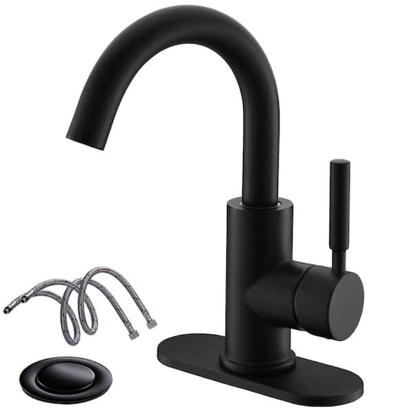 Phiestina 4 in. Single-Handle High-Arc Stainless Steel Bathroom Faucet with Deck Plate and Supply Hoses in Matte Black