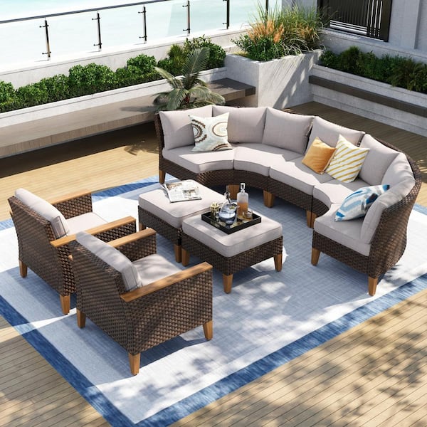 PHI VILLA Brown Rattan Wicker 9 Seat 9-Piece Steel Patio Outdoor Sectional Set with Beige Cushions