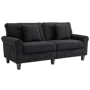 77.5 in. Black Polyester 3-Seat Sofa with Rolled Arms and Wood Legs