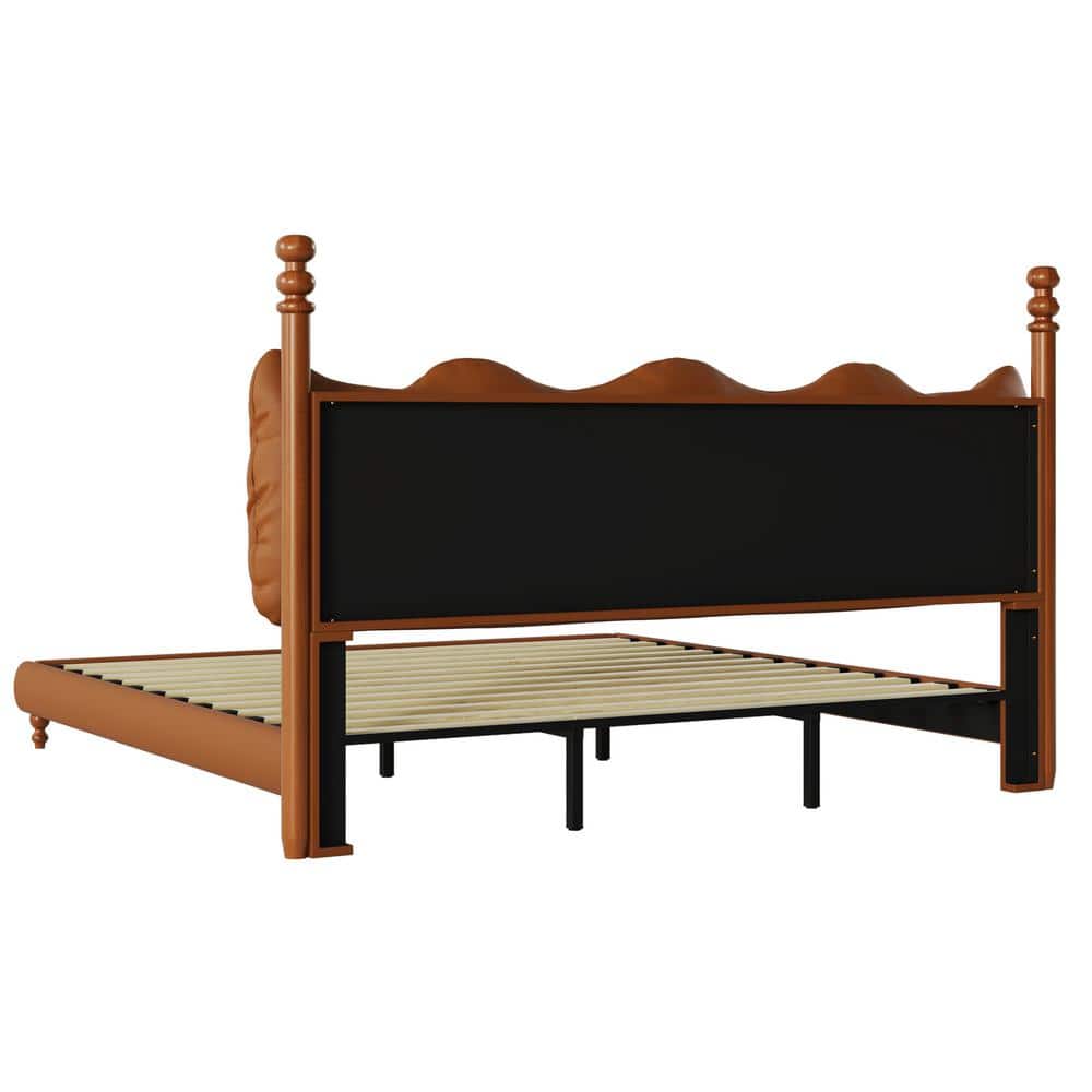 California King Coffee Faux Leather Upholstered Bed with Tufted Headboard