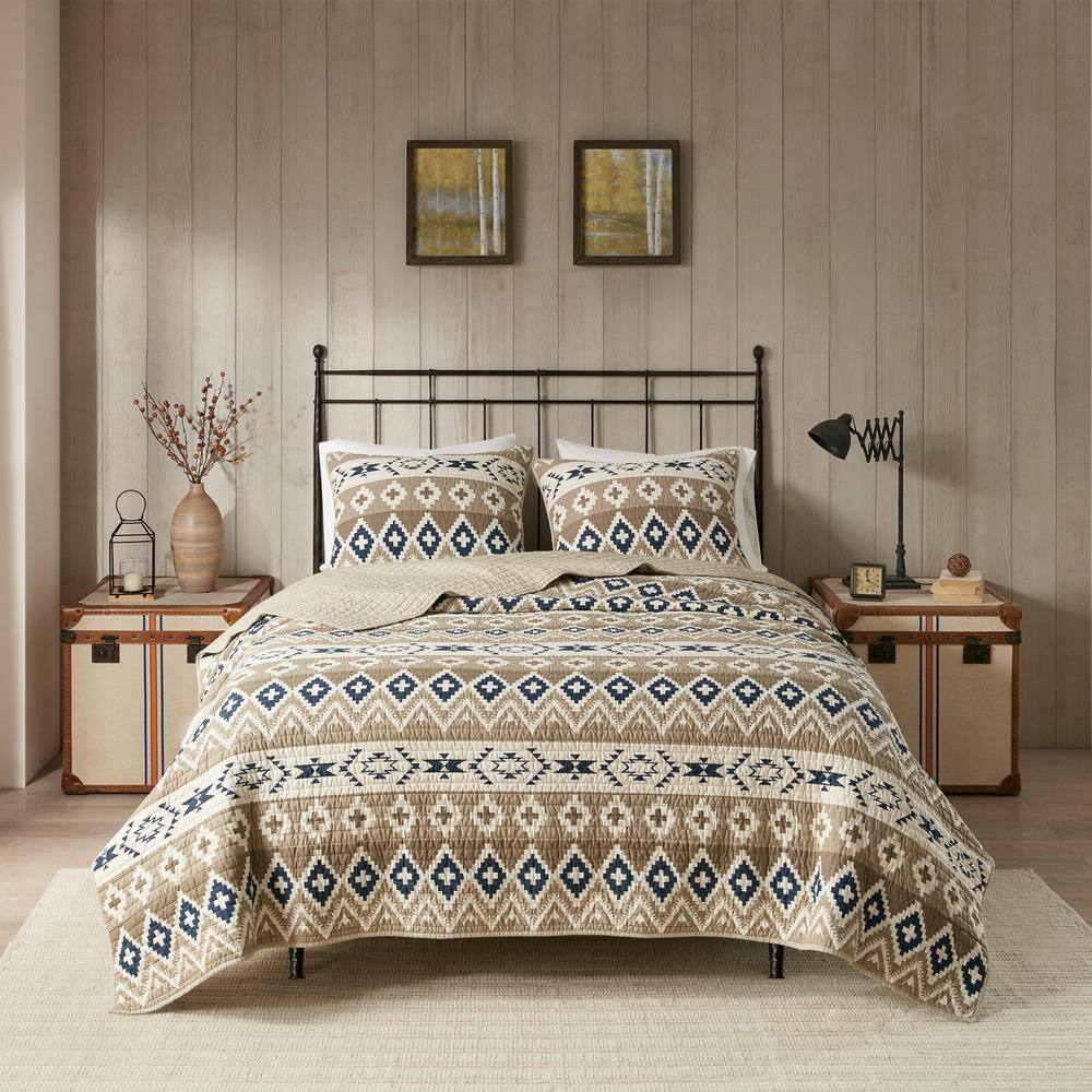 Rustic Blue and Tan Cotton Reversible Quilt Set
