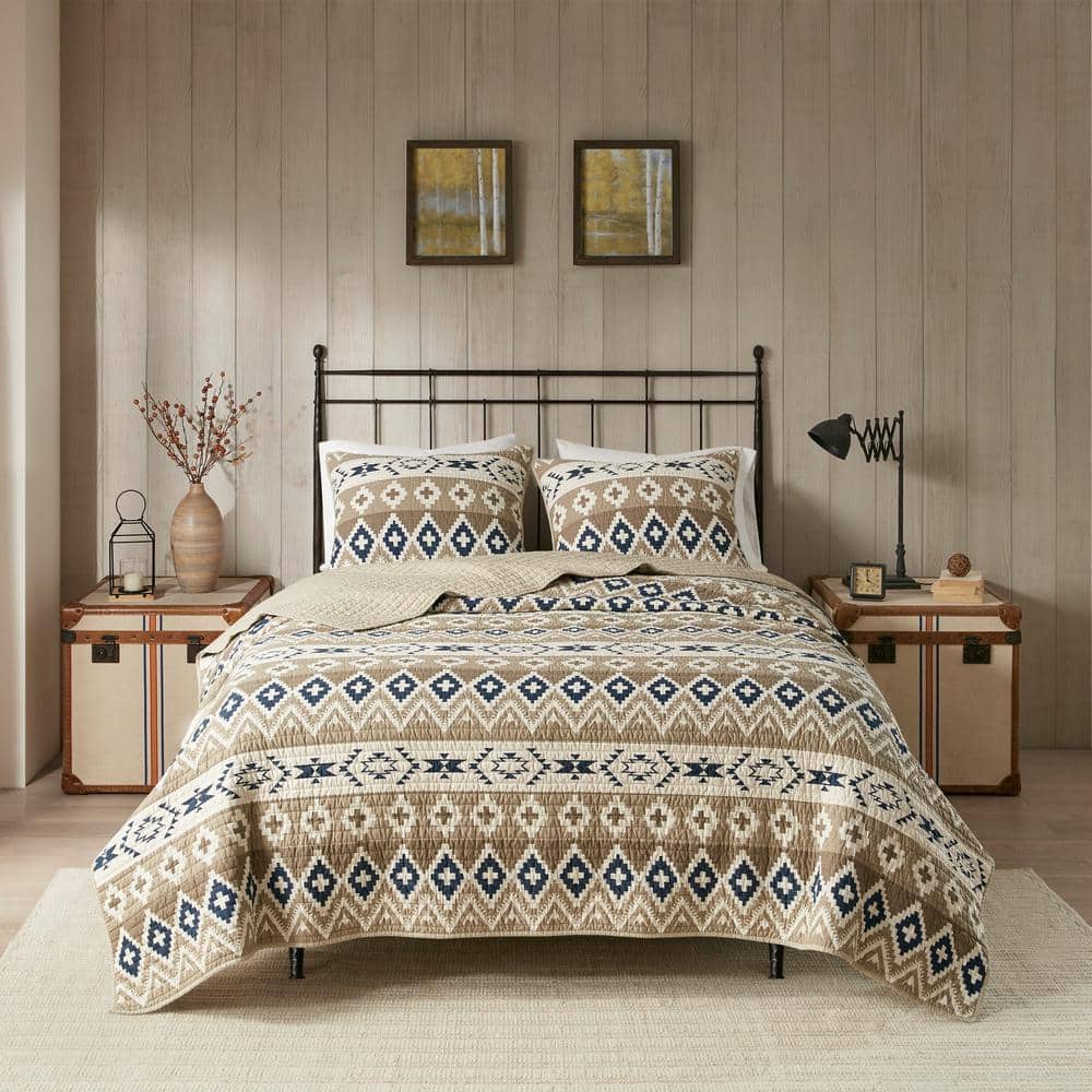 Rustic Blue and Tan Cotton Reversible Quilt Set