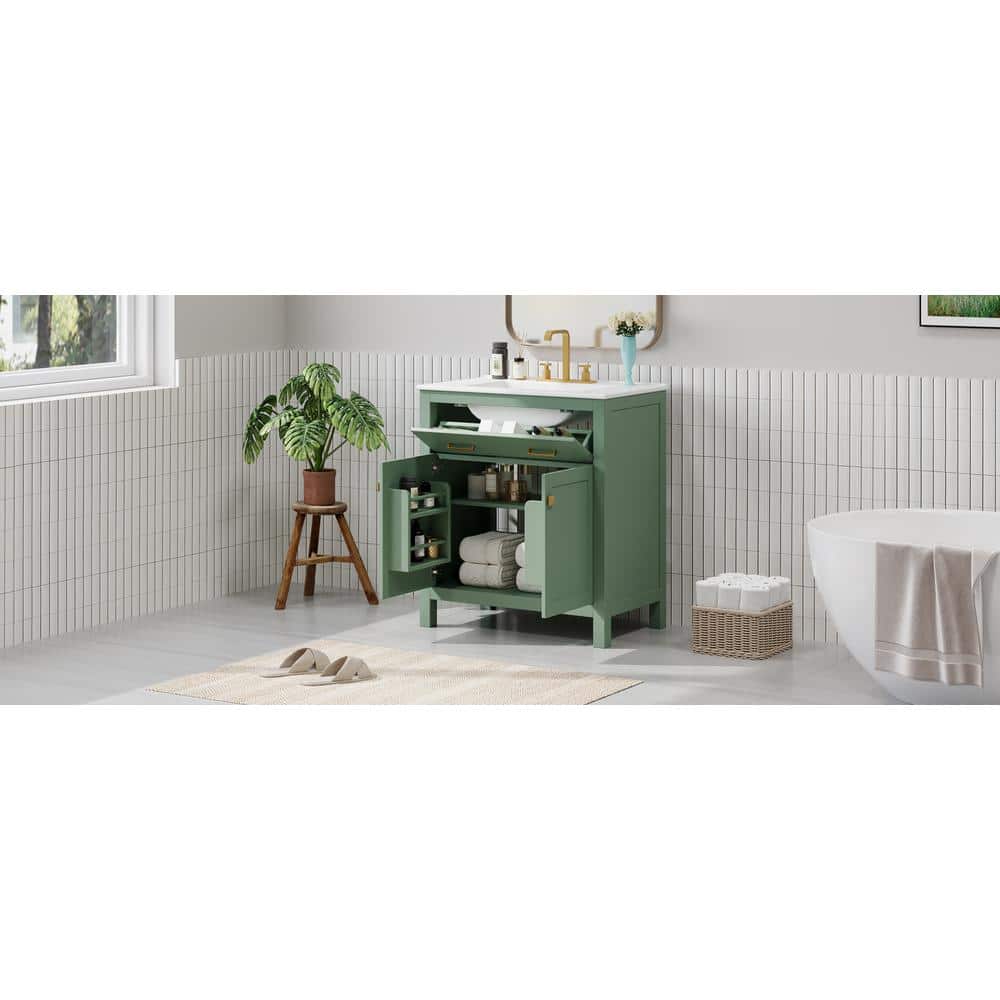 30-Inch Green MDF Freestanding Single Sink Vanity with White Ceramic Top