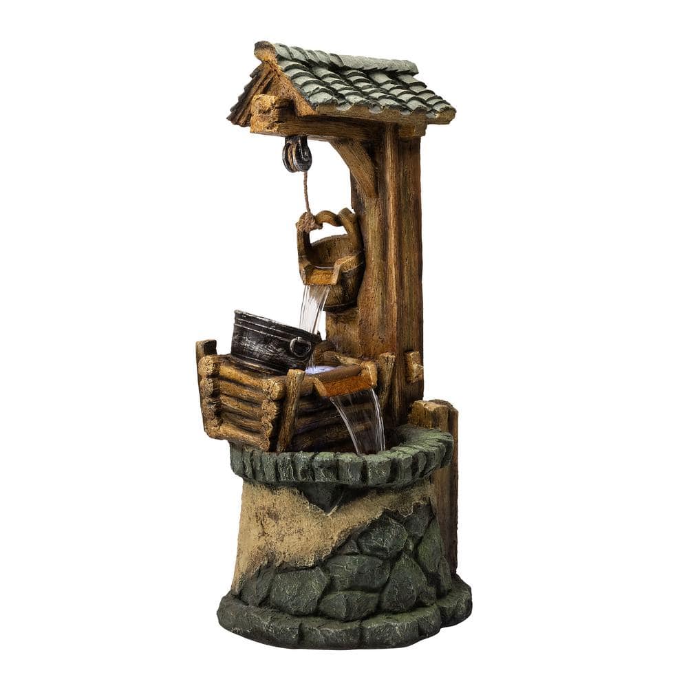 Rustic Polyresin Outdoor Water Well Fountain with LED Lights