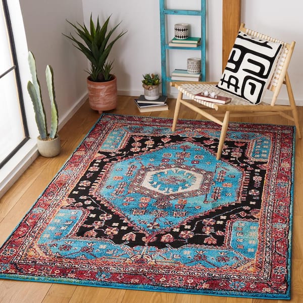 Vintage Hamadan 7 ft. x 9 ft. Turquoise/Black Border Floral Area Rug