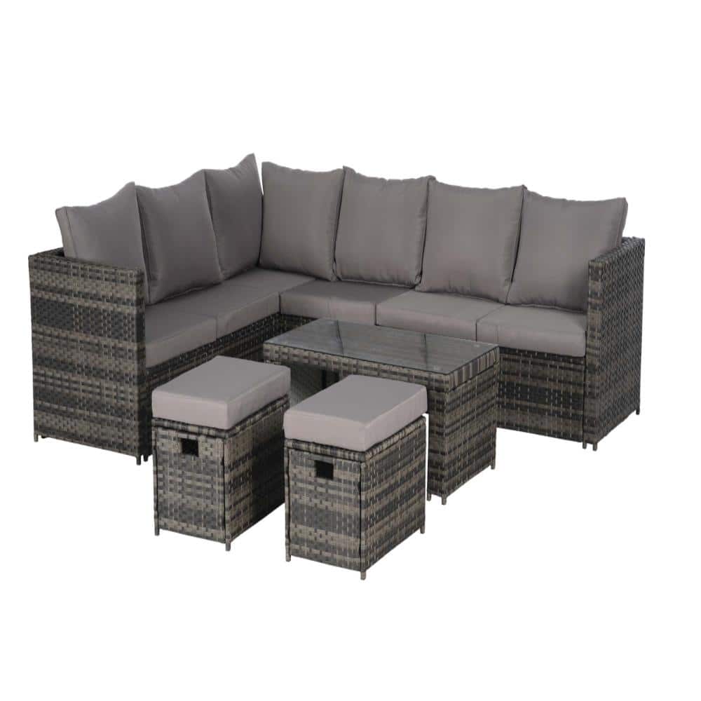 Dark Gray 6-Piece Outdoor Patio Furniture Set with Glass Table, Cushions and Pillows price history on PriceWatchPro