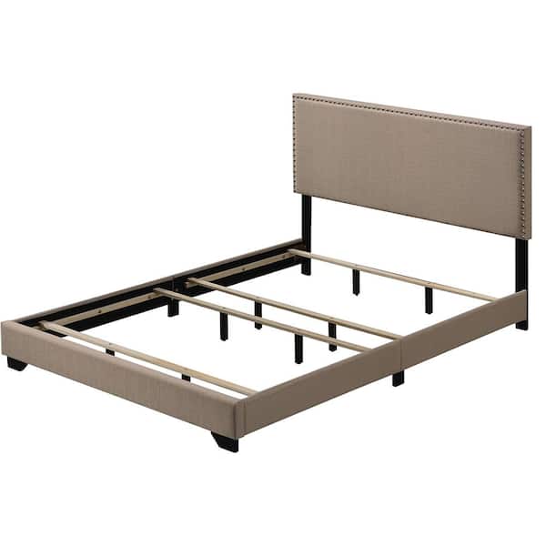 Acme Furniture Leandros Beige Wood Frame Queen Panel Bed with Nailhead Trim Accent