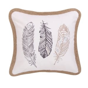 Solano White and Grey Feather Embroidered Rope Trim 20 in. x 20 in. Throw Pillow