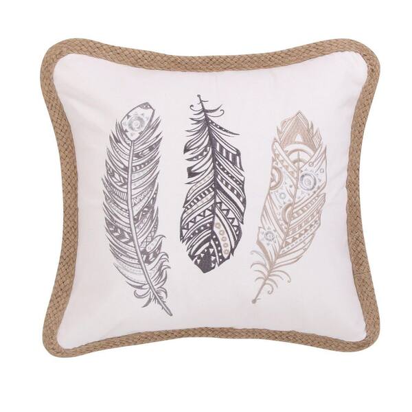 LEVTEX HOME Solano White and Grey Feather Embroidered Rope Trim 20 in. x 20 in. Throw Pillow