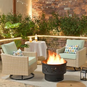 Camelia Beige 3-Piece Wicker Patio Fire Pit Swivel Rocking Chair Seating Set with Mint Greeen Cushions