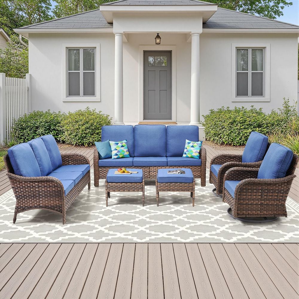 RoundEase 6-Piece Brown Wicker Patio Conversation Set with Olefin Bule Cushions and Swivel Glider Chairs/Sofas price history on PriceWatchPro